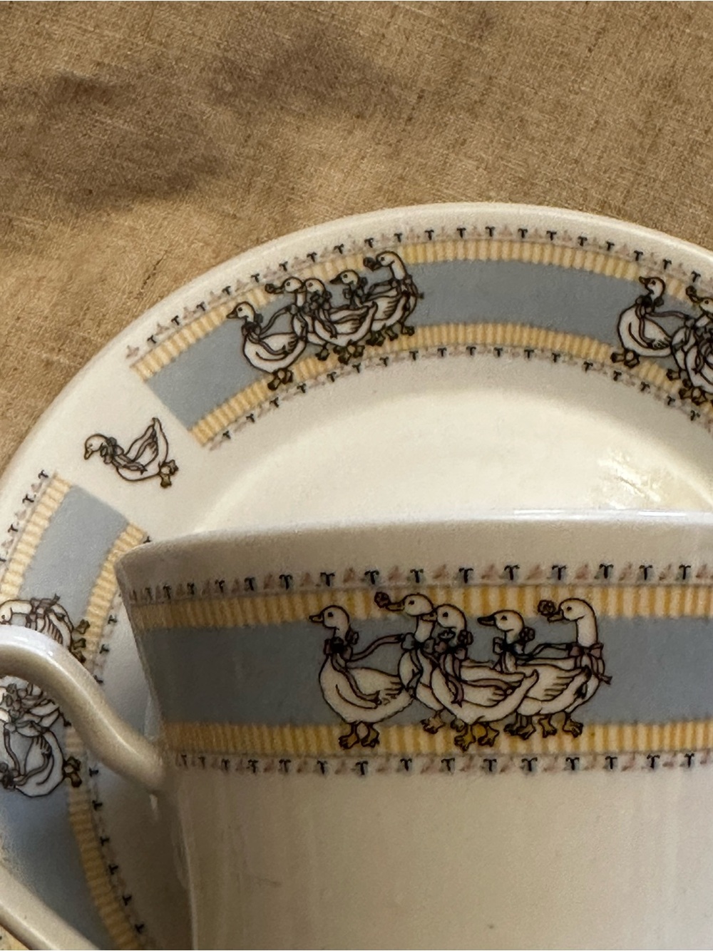 Vintage Duck Pattern Teacup & Saucer Set for Two - Blue and Yellow Trim